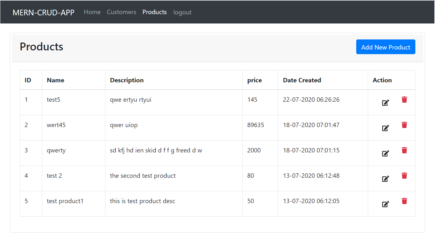 MERN CRUD app products page